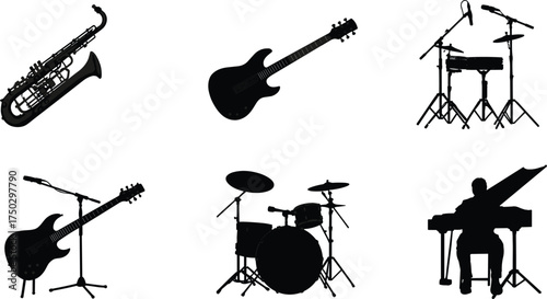 Musical instrument silhouettes, saxophone guitar drum piano icons, band performance illustration, modern and classical music design, stage concert artwork
