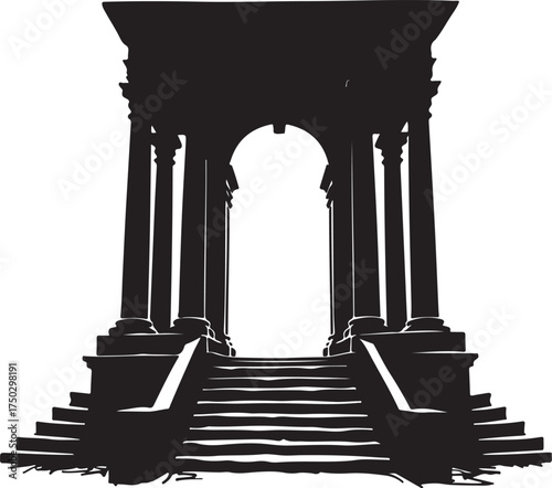 Black silhouette of ancient temple entrance with stairs