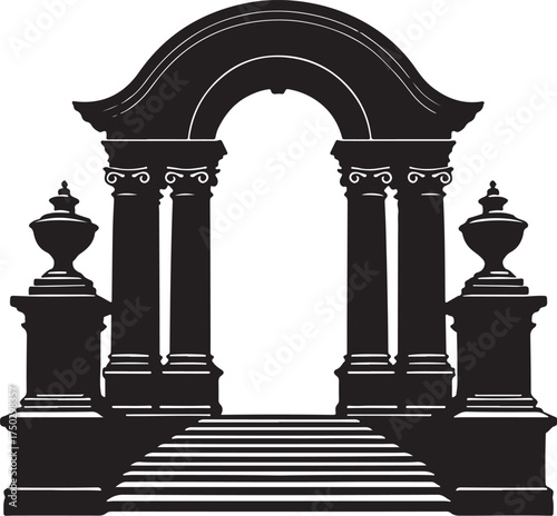Black silhouette of classical archway with columns and stairs