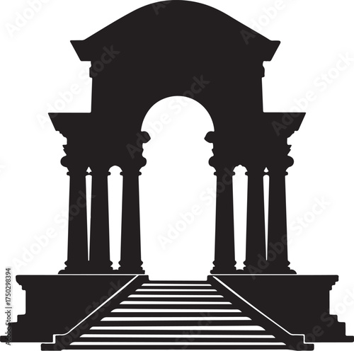 Black silhouette of classical archway with columns and stairs