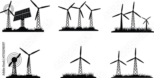 Renewable energy silhouette icons, wind turbines, solar panels, radio tower signals, sustainable power, green electricity, eco energy, clean technology illustration
