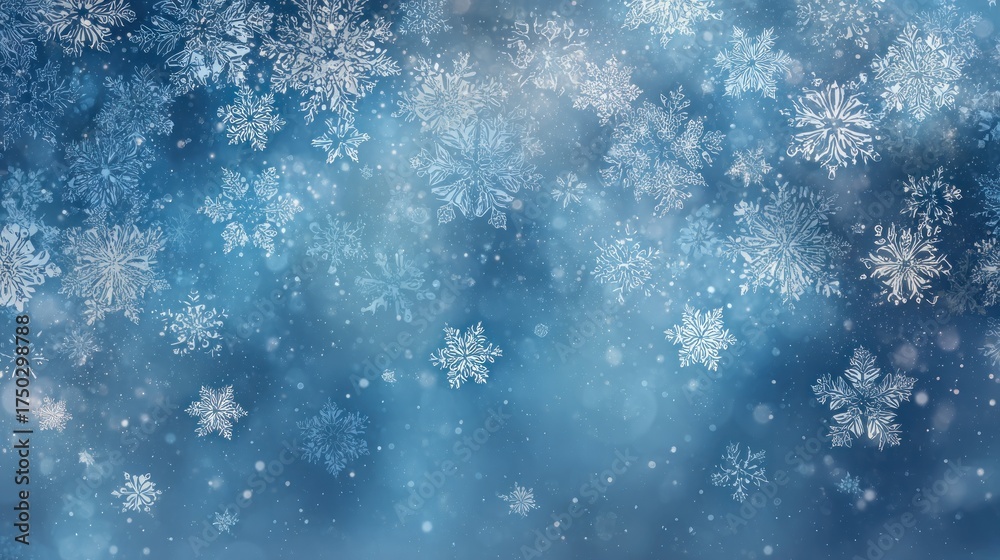 Fototapeta premium Delicate ice crystals drift against a soft blue, blurred background, evoking a winter wonderland