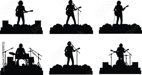 Rock band silhouettes, guitarist, drummer, singer, bassist, live concert stage, music performance, microphone, amplifier, energetic crowd, entertainment event illustration