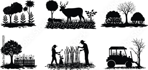 Rural agriculture silhouette, farming tractor, deer and wildlife, people harvesting crops, countryside life, nature trees, plants, environment, village landscape illustration