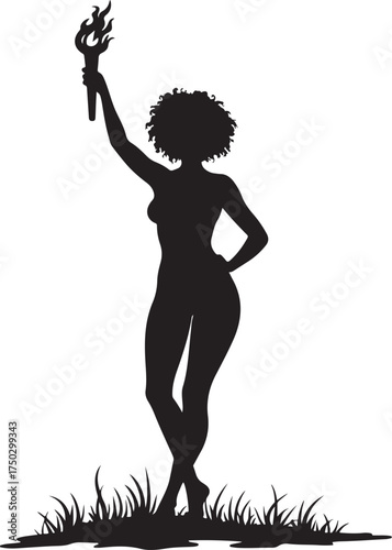 Black silhouette woman holding flaming torch standing in grass