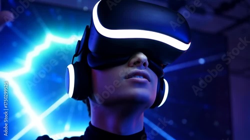Person experiencing virtual reality, immersed in a digital world