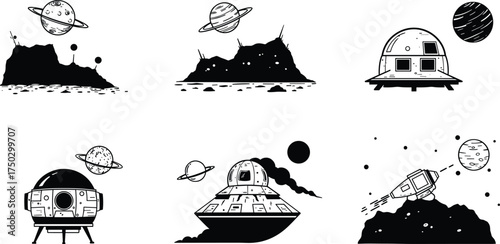 Space exploration silhouette icons, alien landscapes, UFO, spacecraft, planets with rings, space station, futuristic technology, extraterrestrial world illustration