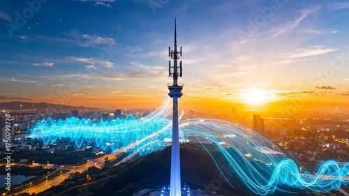 Telecommunication tower against sunset sky with futuristic data streams over city skyline