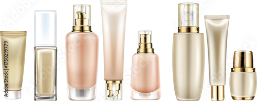 A collection of elegant, blank cosmetic containers including bottles, tubes, and jars, isolated on a white background.