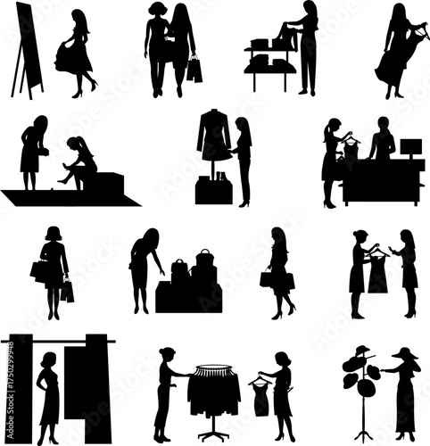 A collection of black silhouettes showing women engaged in various clothes shopping activities.