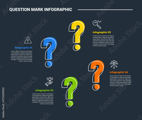 Question mark infographic process diagram with question mark spreading around with dark background bright outline style 4 points