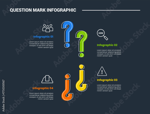 Question mark infographic process diagram with upside down position structure on quadrant layout with dark background bright outline style 4 points