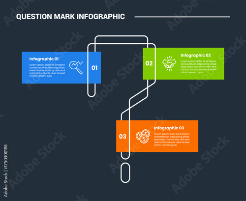 Question mark infographic process diagram with creative flip line with rectangle box alongside shape with dark background bright outline style 3 points