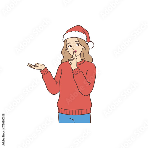 Person in Santa outfit making shh gesture festive vector illustration for Christmas surprise secret gift or holiday greeting card in clean cartoon style