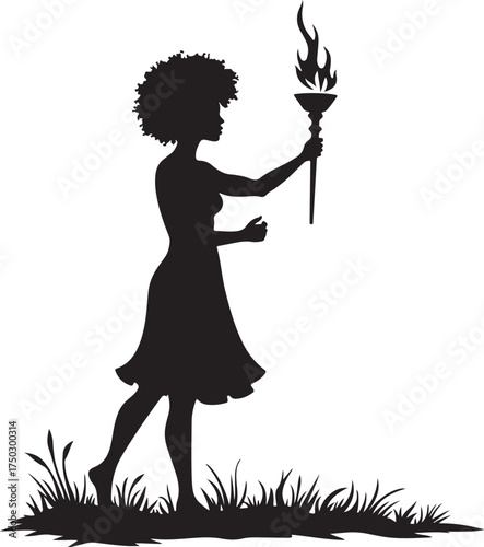 Silhouette of a woman with afro holding a flaming torch