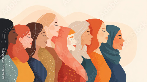 Diverse women of various ethnicities and ages stand together, united in strength and sisterhood