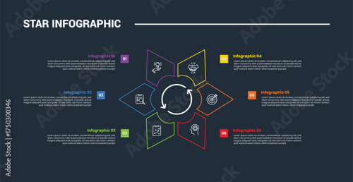 Star Base shape infographic process diagram with flower shape based on triangle structure with dark background bright outline style 6 points
