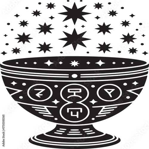 Black and white chalice with stars and glyphs isolated on white background in vector format style
