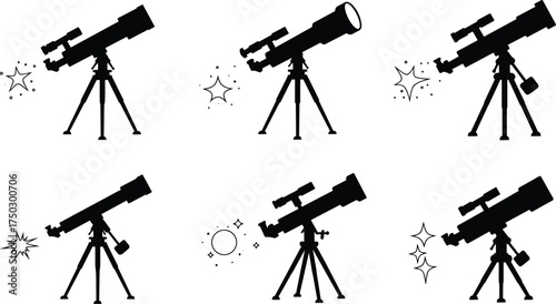 Telescope silhouette icons, astronomy equipment, stargazing tools, celestial observation, night sky, space exploration, star watching, cosmic science illustration
