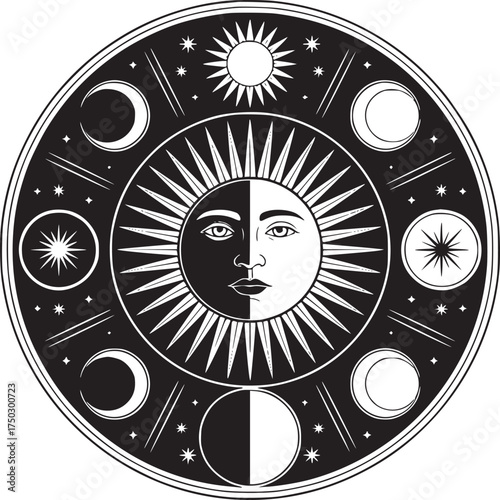 Black and white celestial design featuring a sun face and moon phases in a circular pattern