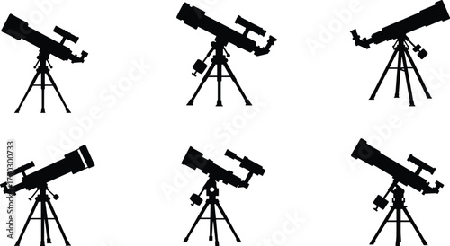 Telescope silhouette icons, astronomy equipment, stargazing tripods, night sky observation, space exploration, celestial science, cosmic study, star watching illustration