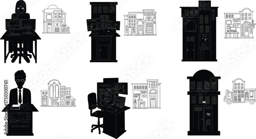 Technology silhouettes, urban cityscape, computer workstation, business presentation, digital data screens, corporate communication, smart city, office desk, professional analysis illustration