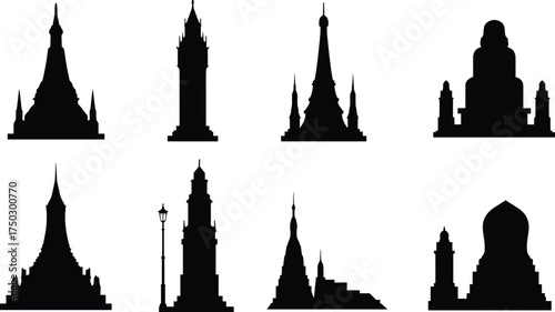 Temple silhouettes, pagoda architecture, cultural heritage, Asian landmark, religious building, historic monument, sacred structure, traditional design, tourism, spiritual illustration vector