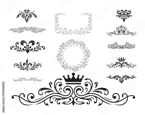 Decorative Divider Ornaments, Crown Frame and Wreath Silhouette Vector Collection.
