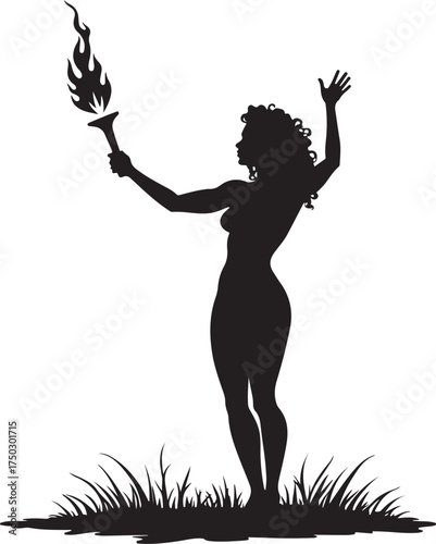 Silhouette woman holding flaming torch in grassy field