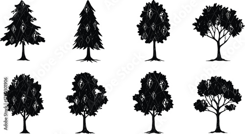Tree silhouette collection, conifer and deciduous vector, black tree artwork, nature graphic design, botanical shape illustration, forest element, seasonal foliage