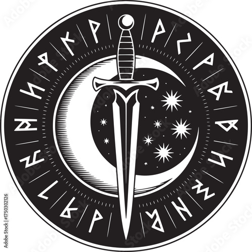A black and white illustration of a sword with a moon and stars inside a circle with runes around it