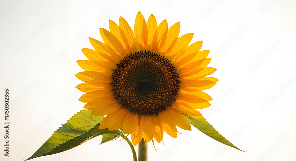 Obraz premium Bright yellow sunflower with large brown center and green leaves on white background