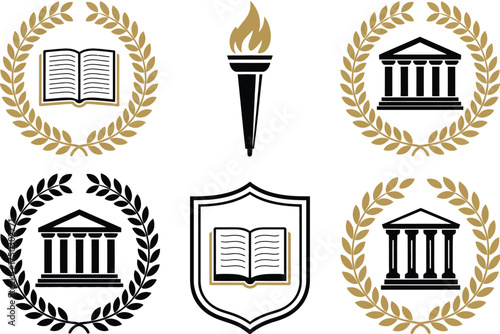 Education and Learning Icons,  Laurel Wreath Symbols Featuring Torch, Open Book, and Building Illustrations Representing Academic Success and University Excellence