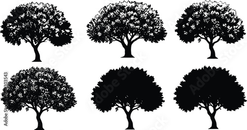 Tree silhouettes collection, black tree outlines, diverse canopy foliage, isolated vector illustration, natural landscape elements, abstract botanical art, textured tree design