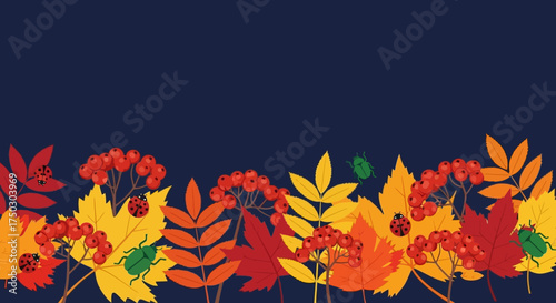 Autumn Leaves Border, Fall Foliage, Berries, Bugs, Navy Blue Background