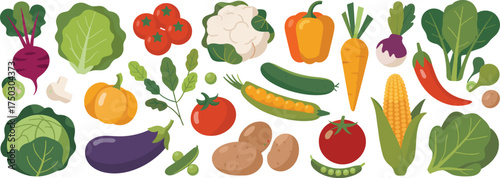 Fresh colorful vegetables illustration, healthy organic food collection including tomato, carrot, corn, pepper, and greens for kitchen and diet design