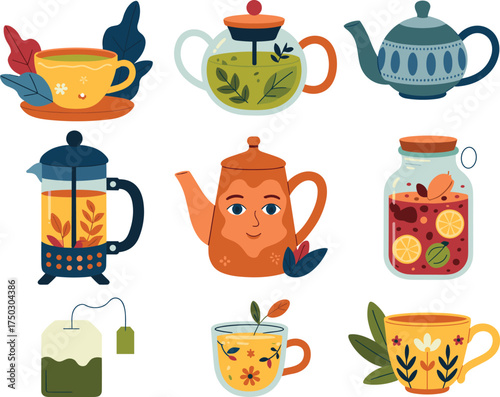 Colorful tea set illustration with teapots, cups, tea bags, and herbal drinks, cozy beverage concept for kitchen and café design