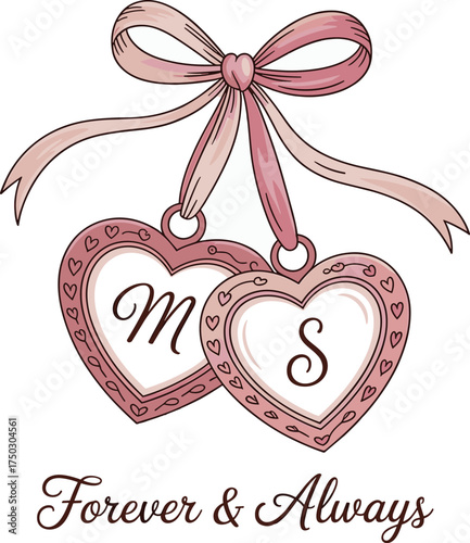 Romantic heart pendant illustration, pink ribbon bow, love concept design, wedding anniversary gift art, valentine decoration, forever and always theme