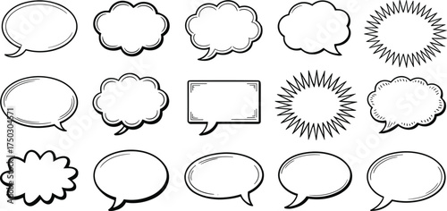 Hand drawn comic speech bubbles set, cartoon dialogue balloons collection, doodle thought clouds, vector illustration for comic book design, conversation template, pop art style