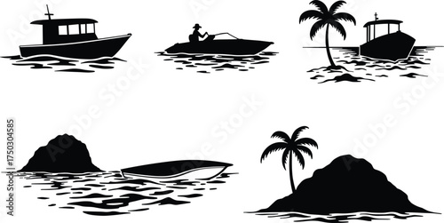 Tropical silhouettes, speedboat, motorboat, palm tree island, ocean waves, coastal travel, maritime adventure, sea journey, nautical landscape, summer vacation illustration
