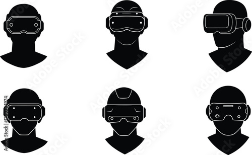 Virtual reality headset silhouettes, VR device collection, futuristic technology design, immersive gaming equipment, augmented reality gear, digital innovation, modern entertainment