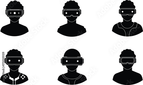 Virtual reality silhouettes, VR headset icons, immersive technology vector, gaming design, digital experience, futuristic tech, augmented reality, innovation illustration