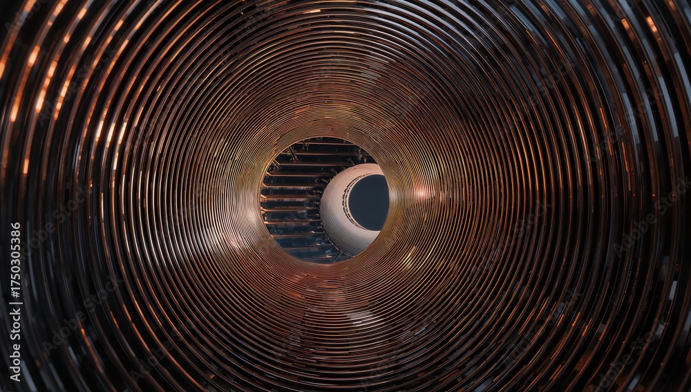 Obraz premium Abstract Tunnel A Journey Through Metallic Spirals to a Glimmering Spherical Object