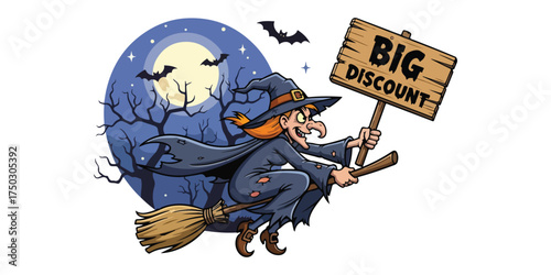 A cartoon witch flies on a broomstick with a sign advertising a big discount against a spooky moonlit backdrop.