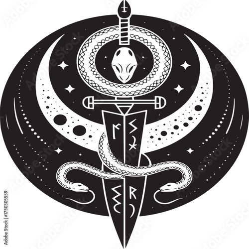 Black and white illustration of a sword with runes and a snake against a moon and stars background