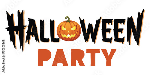 Bold black text announces 'HALLOWEEN' with a carved jack o lantern in the center. Below, 'PARTY' is written in vibrant orange.