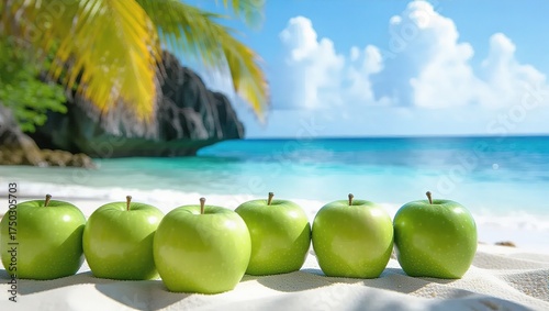 Fototapeta Naklejka Na Ścianę i Meble -  Fresh Green Apples on a Sunny Tropical White Sand Beach.