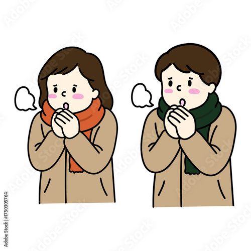 寒い中手を温める男女のイラスト