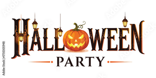 Spooky halloween party announcement with jack o lantern and lanterns