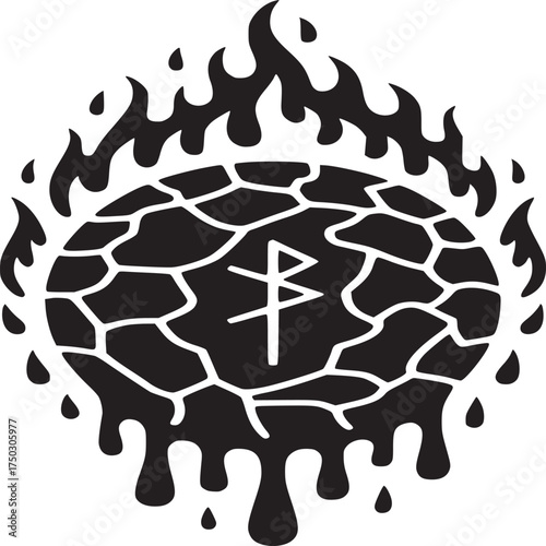 A black and white illustration of a rune symbol inside a cracked sphere with flames and drips